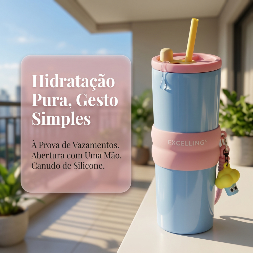 Copo Térmico Inoxidável Caneca Isolada a vácuo com canudo e Chaveiro 700ML EXCELLING -EX-508