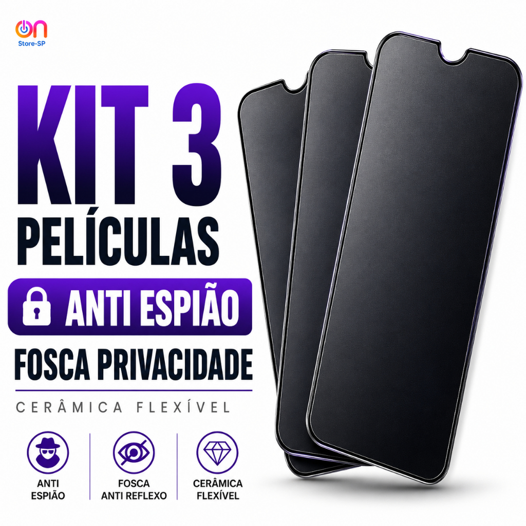 Kit 3 Películas Fosca Privacidade iPhone Anti Espião Cerâmica Flexível 17 16 15 14 13 12 11 XR