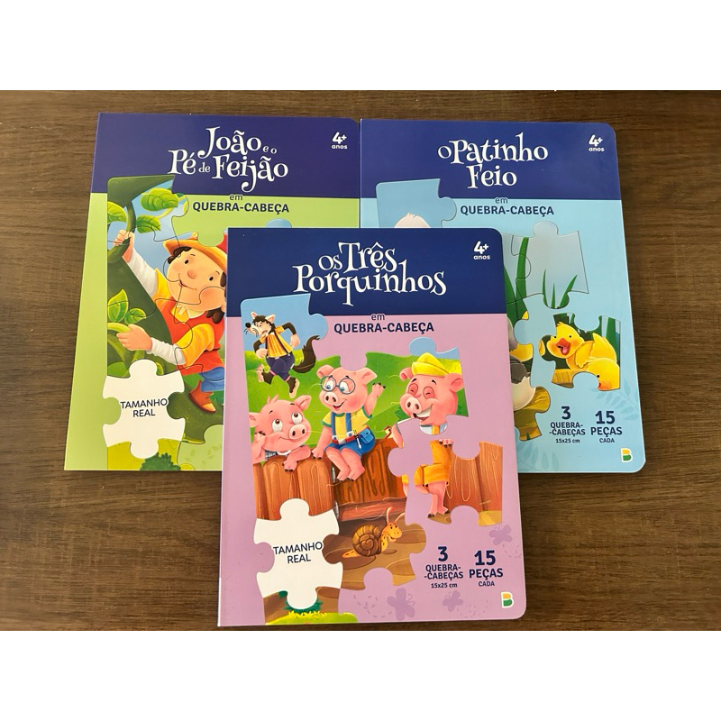 Kit 3 Livros Infantis Clássicos com Quebra-Cabeça | 3 Porquinhos, Patinho Feio, João e o Pé de Feijão