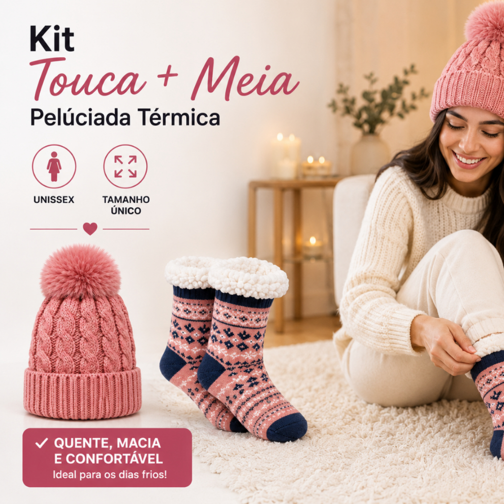 Kit Touca Gorro com Pompom Forrada Lã + Meia Pelúciada Térmica Inverno Unissex Sortidos Frio Meias Peruanas Touca Básica