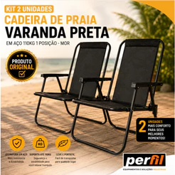KIT 2 CADEIRAS DE PRAIA PRETA EM AÇO 110KG 1 POSIÇÃO MOR cadeira de praia dobrável cadeira dobravel
