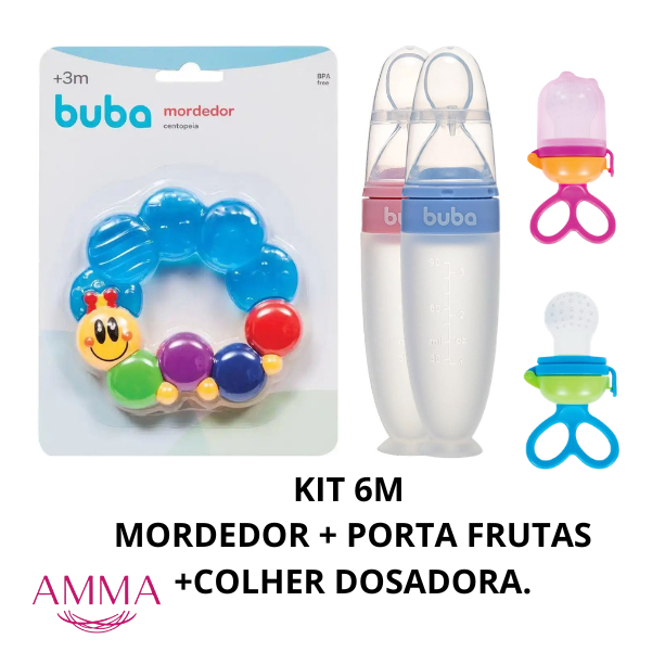 KIT COMPLETO INTRODUÇÃO ALIMENTAR E DENTIÇÃO BUBA COLHER DOSADORA CHUPETA PORTA FRUTAS E MORDEDOR