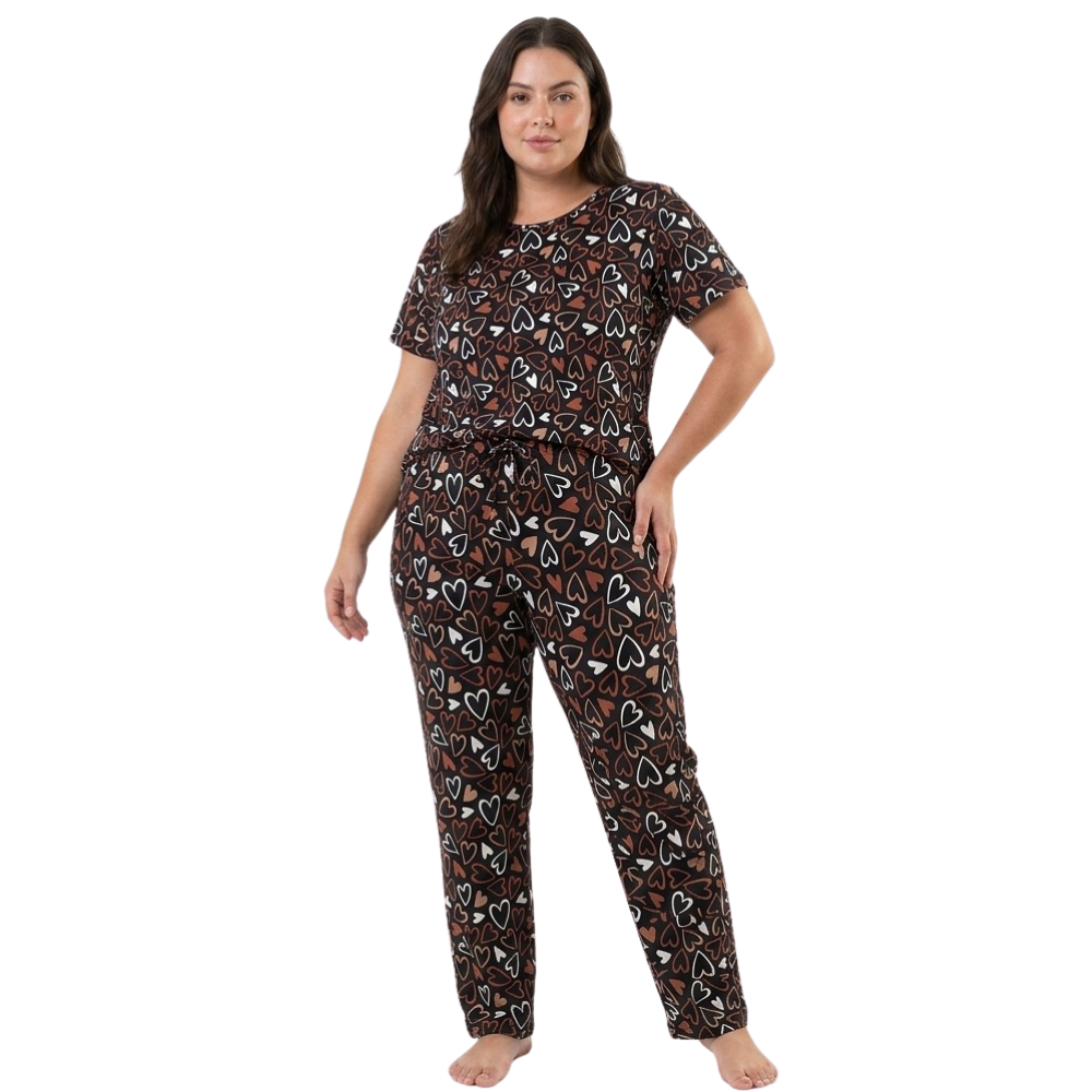 Pijama Plus Size Feminino Estampado Suede Confortável Manga Curta Calça Longa