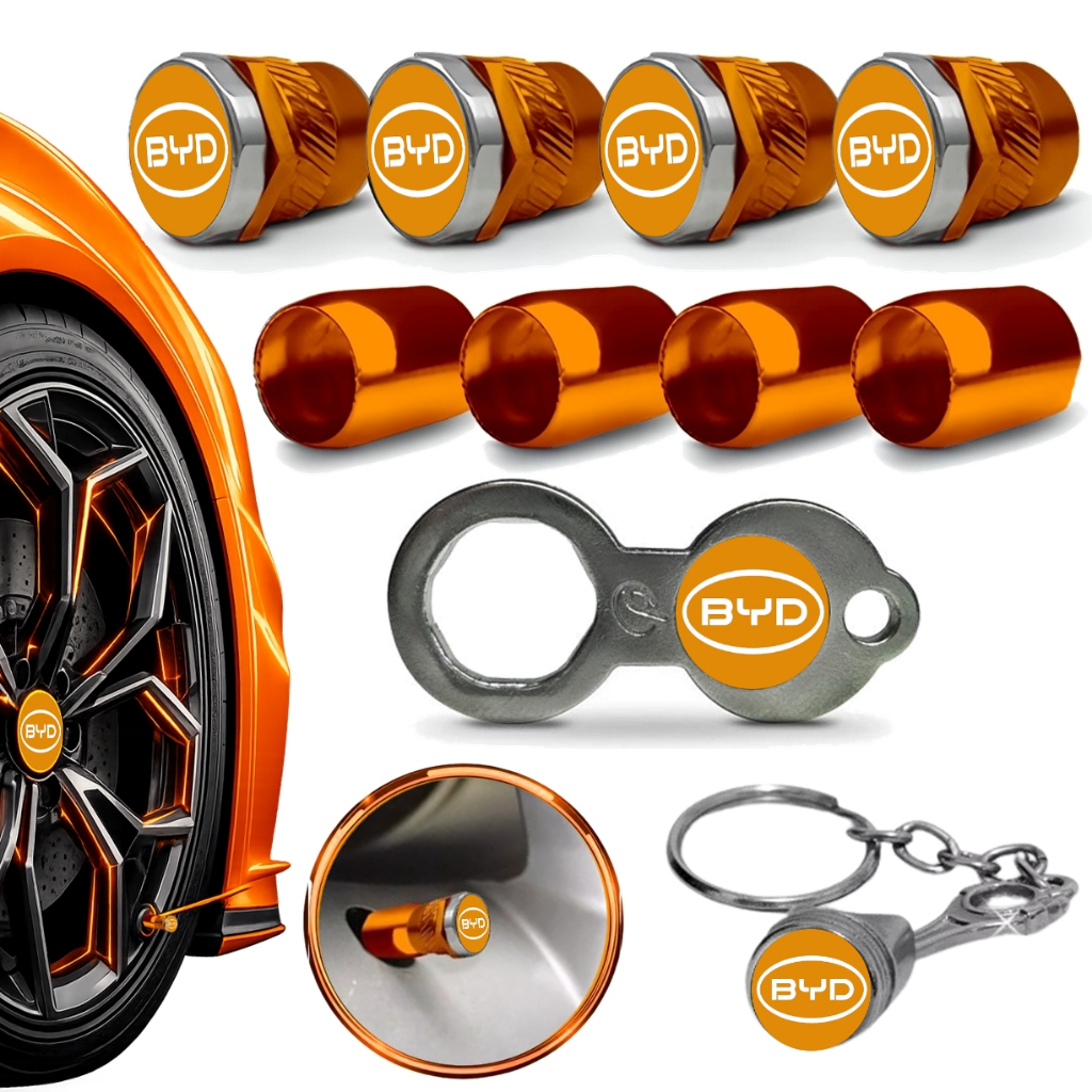 Kit Antifurto BYD Roda Pneu Metal Inox Laranja Tampa Bico Válvula Pito