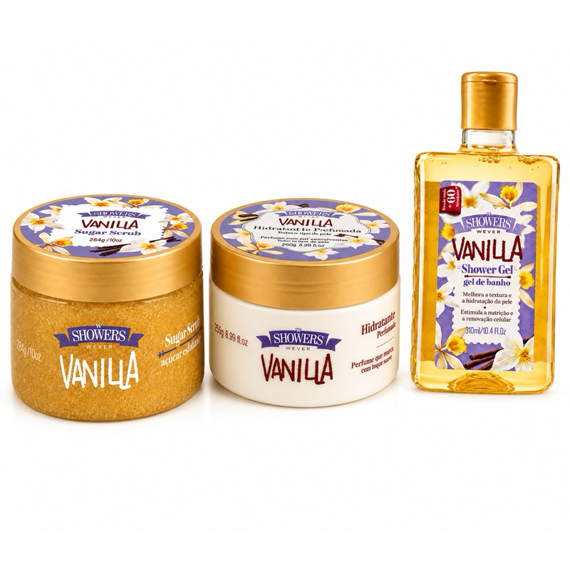 Kit Completo Vanilla Care 3 Itens – Esfoliante, Hidratante e Shower Gel