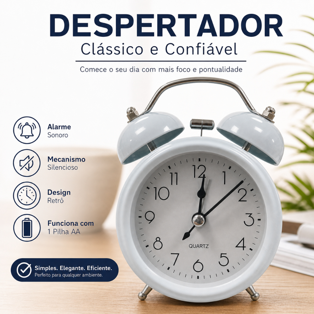 Relógio Despertador Analógico Vintage Silencioso com Sino Duplo Base Antiderrapante Quarto Escritório 634