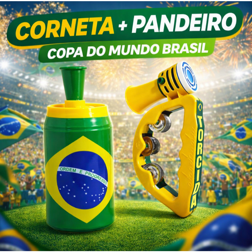 Kit 1 Corneta Lata + 1 Pandeiro Copa do Mundo Brasil