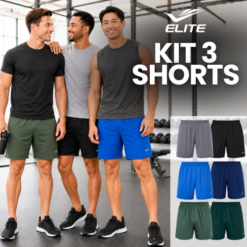 Short Calção Bermuda Dry Masculina Fit Kit 3 Elite Esporte Academia Praia Futebol Presente Namorados