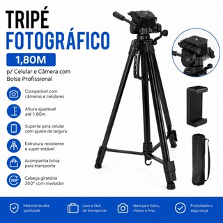 Tripé Fotográfico 1,80M Para Celular e Câmera Profissional com Bolsa, Suporte e Cabeça Mó…