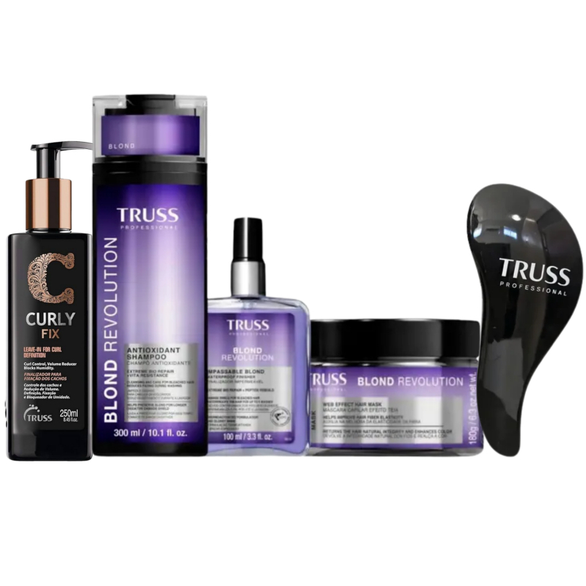 Kit Truss Blond Revolution Sh 300ml, Mask 180g, Finalizador e Leave-in Definição Curly Fix +BRINDE Escova Truss