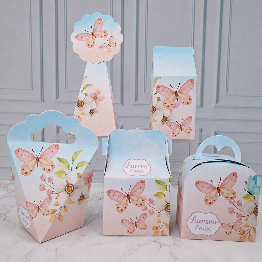 Kit 20/30/40/50 Caixinhas Personalizadas Jardim de Borboletas festa personalizada lembrancinhas Pegue e Monte