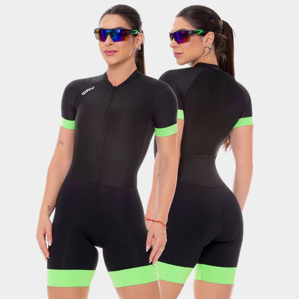 Macaquinho Ciclismo Feminino Forro Gel Macacão Verde Preto Way Fresh Roupa Bike Pedal Mtb