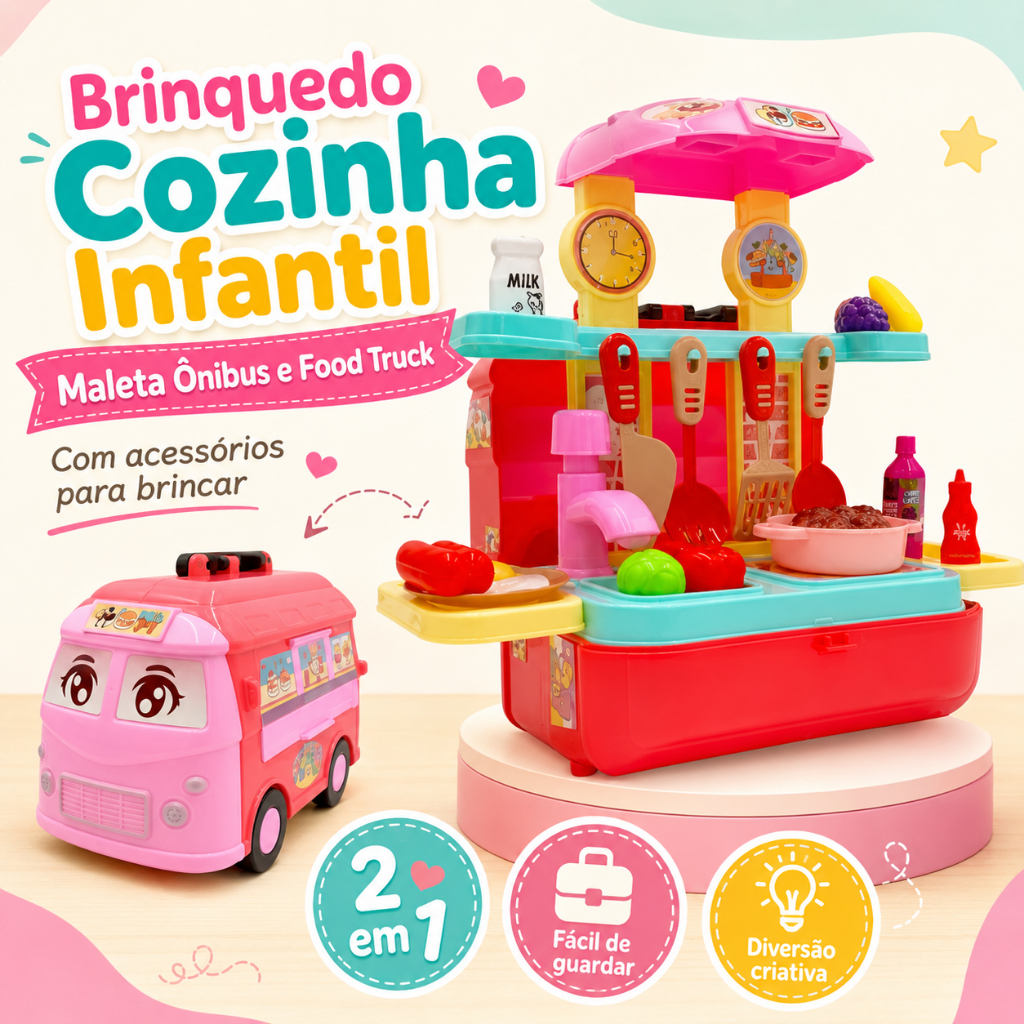 Kit Cozinha Infantil Maleta Food Truck Brinquedo com Acessórios Comidinhas Menina