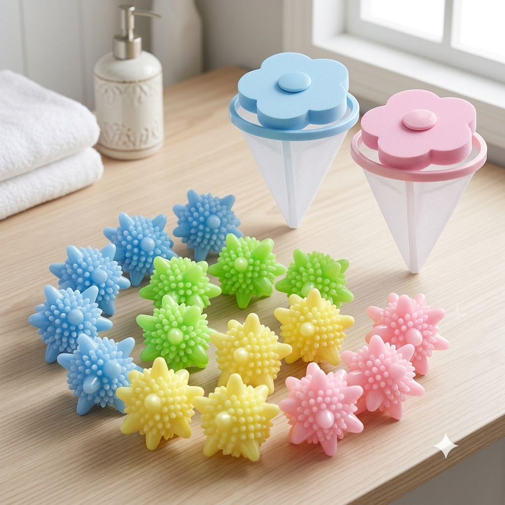 16 Esferas Magicas + 4 Filtros Coletores de Pelos Fiapos Filtro Maquina ou Tanquinho de Lavar Bater Roupas