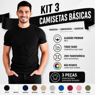 Kit 3 Camisetas Básicas Masculinas Slim Pretas 100% Algodão Premium