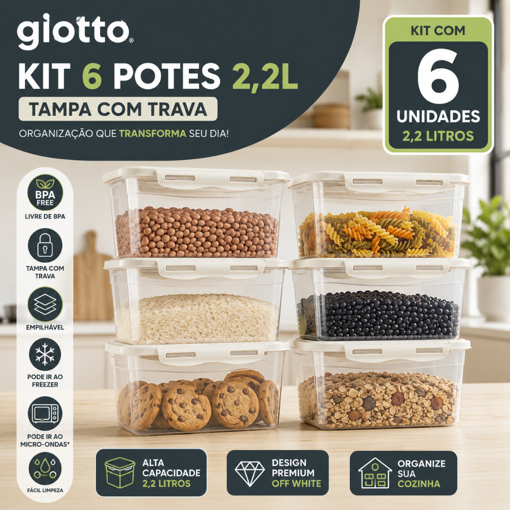 Imagem Kit 6 Potes Com Tampa e Trava 2,2L Alto Off White Freezer E Microondas Marmitas Fitness Giotto