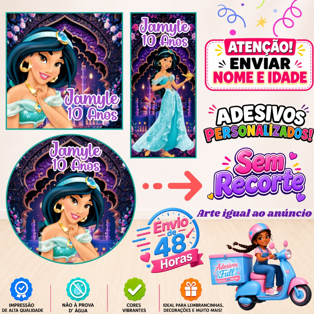 Princesa Jasmine - 100/60/40 Adesivos Personalizados Lembrancinhas Festa Aniversário