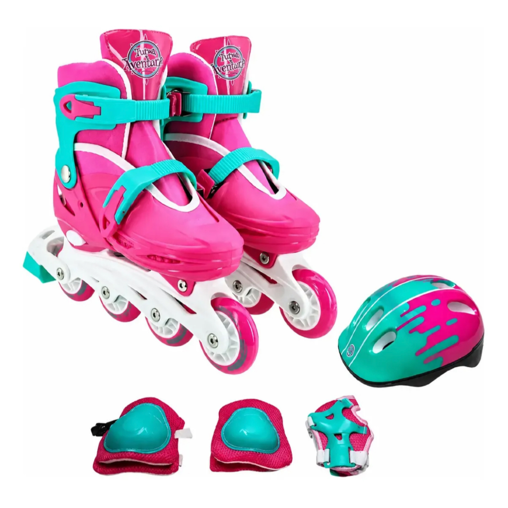 Roller Patins Inline + Kit Proteção Rosa 4 Rodas Infantil Galindo Toys Feminino