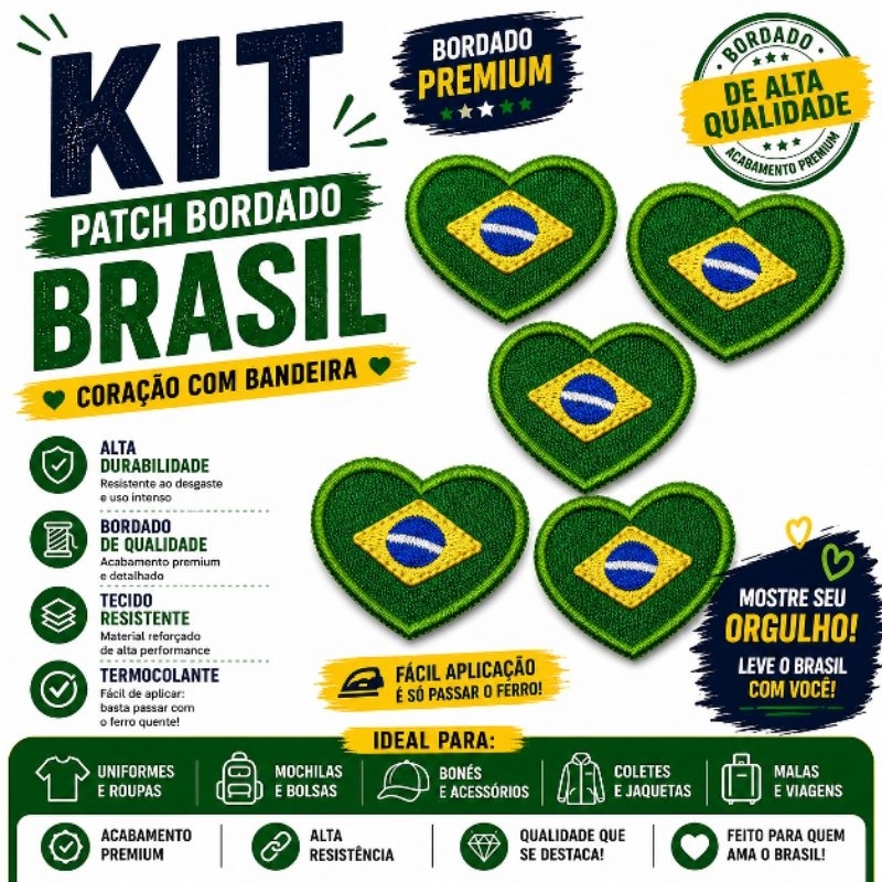 Kit de Patch Bordado coração Brasil bordado com termocolante