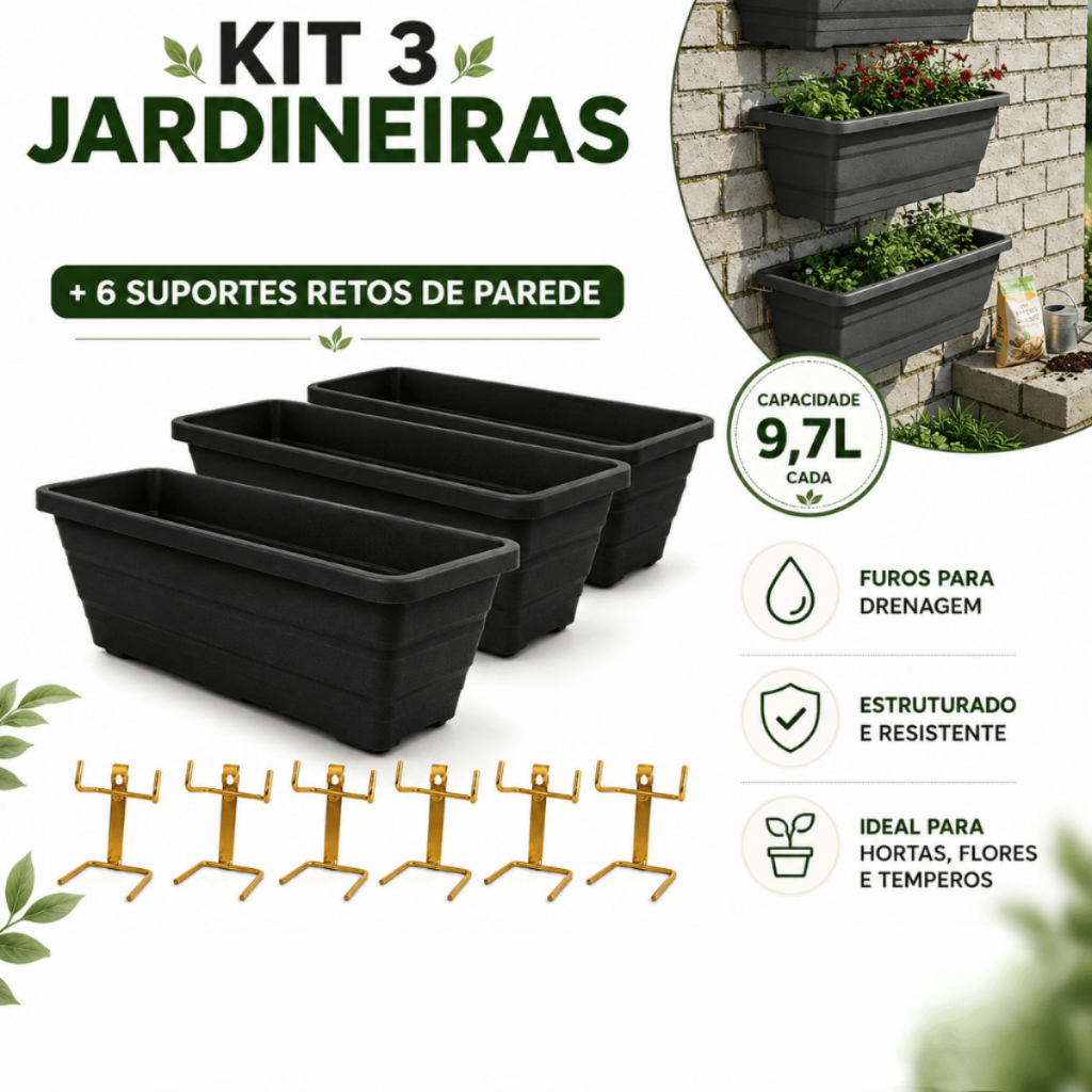 Kit 3 Jardineira com Suportes Reto de Parede 9,7L Horta Vertical Floreira Retangular