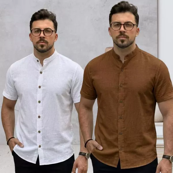 Kit 2 Camisa Masculina Linho Premium Gola Padre Manga Curta Luxo Elegante Versátil