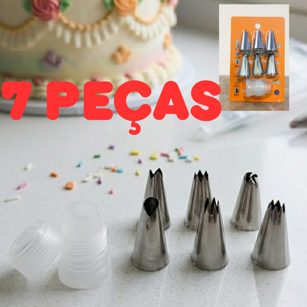 Kit Confeiteiro 6 Bicos De Confeitar Inox + Adaptador De Troca Rápida Sem Trocar O Saco