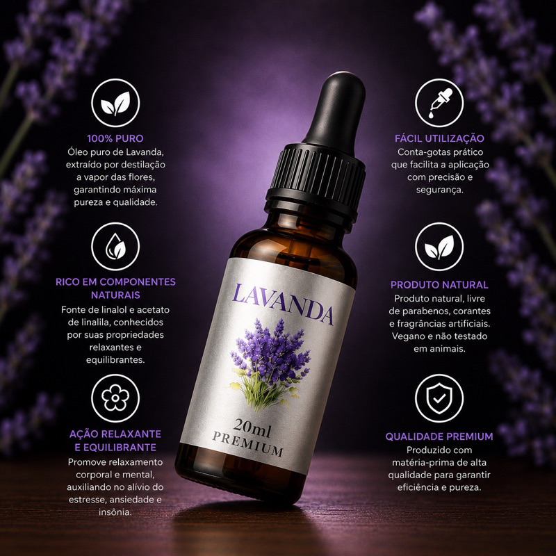 Óleo Essencial de Lavanda Premium 20ml – Aroma Floral Suave e Sofisticado