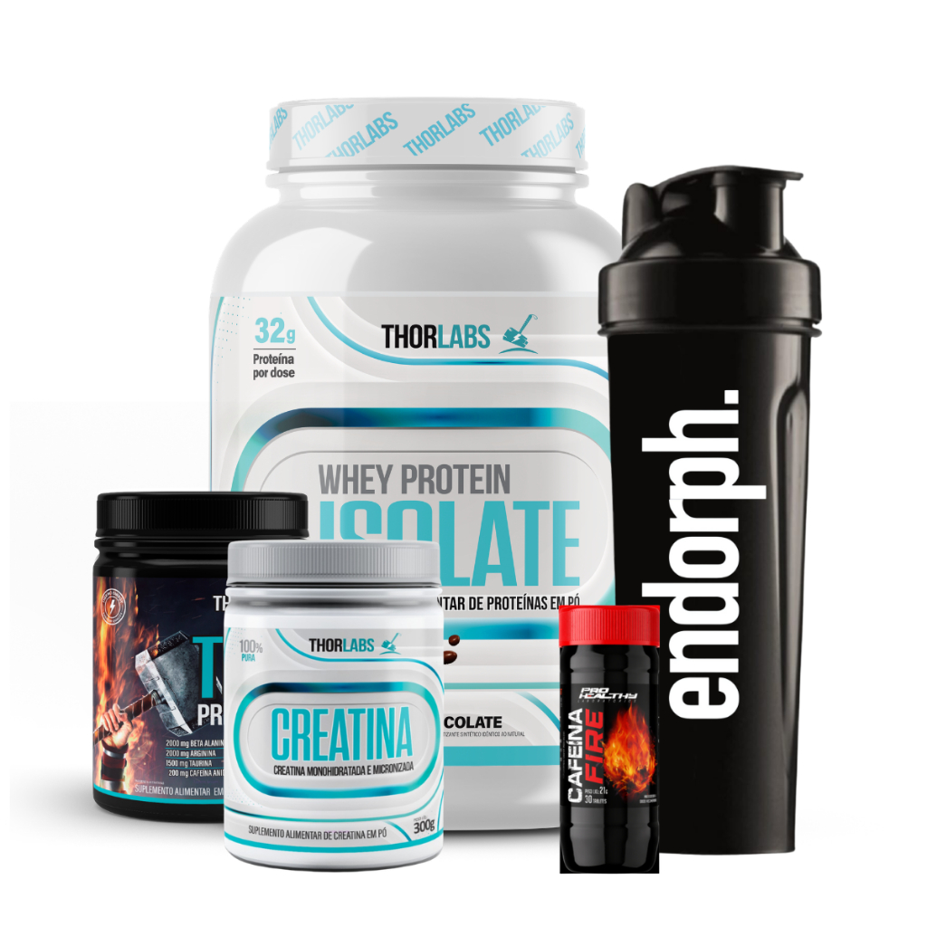 Kit Whey Protein Isolate 900g Pote + Pré Treino + Creatina + Cafeina + Coqueteleira