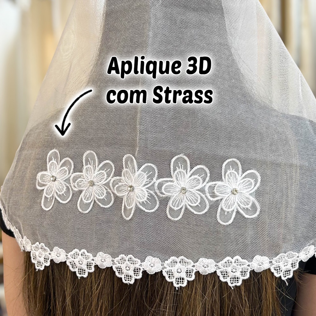 Véu Ccb Aplique 3D Com Pedras Strass Congregação Cristã Adulto (Maísa)