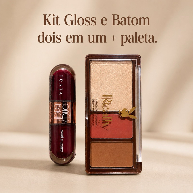 Kit Maquiagem Completo Gloss e Batom 2 em 1 Paleta Blush Iluminador Contorno Facial