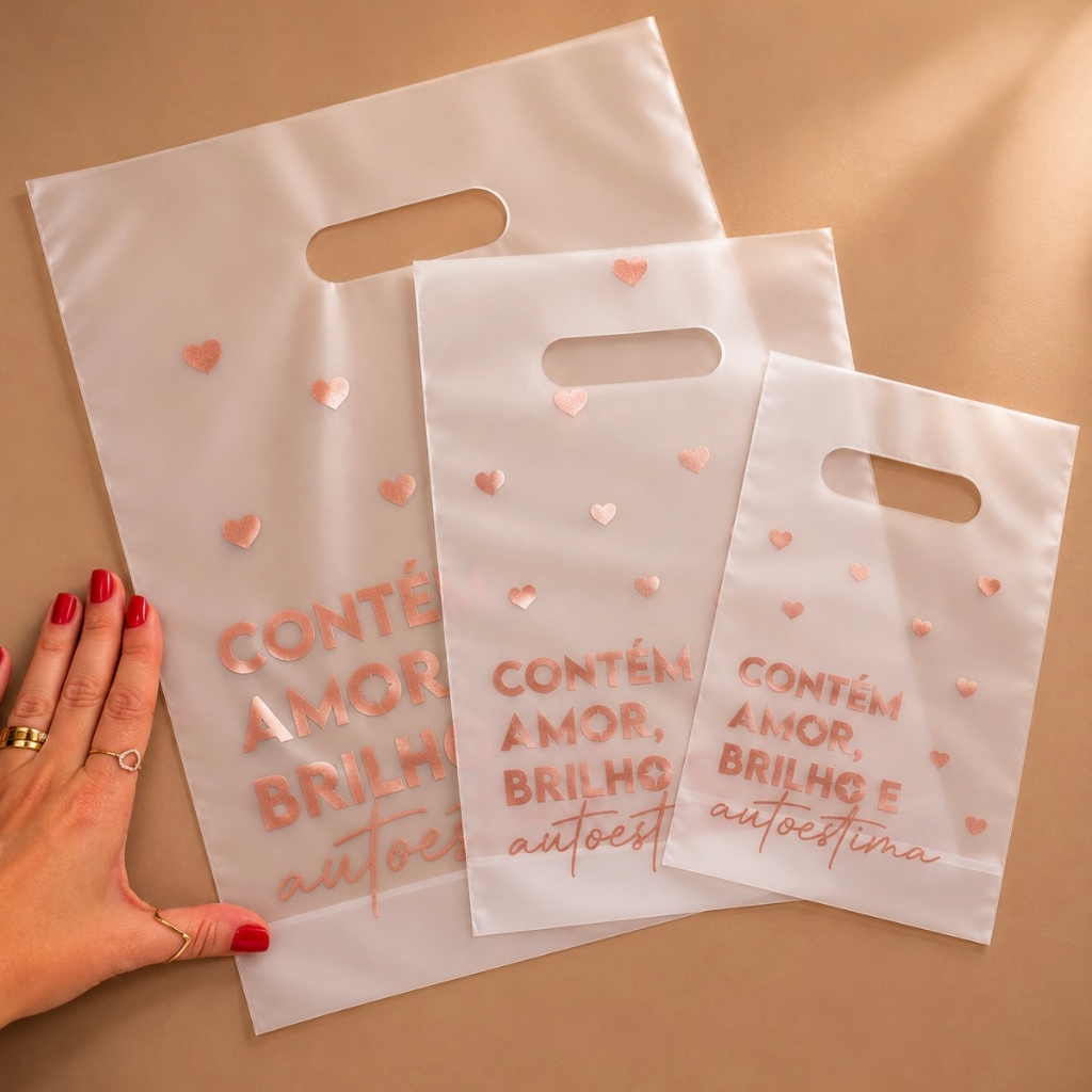 25/50 Sacola Plastica | Transparente | Contém amor, brilho e autoestima | Joias | Acessórios | Moda Feminina