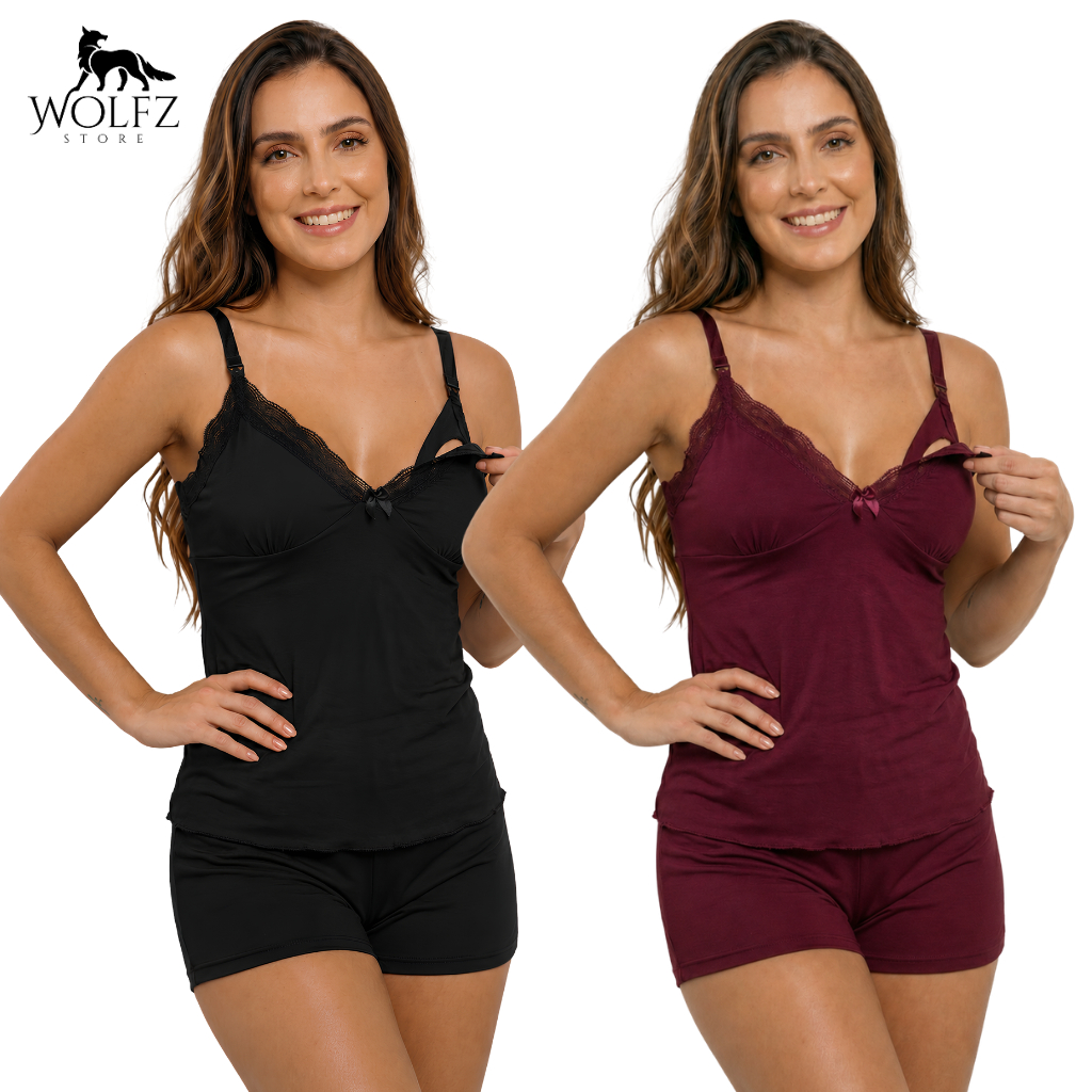 Detalhes do Kit 2 Baby Doll com Sutiã Amamentação de Abotoar Confortável Gestante Saída de Maternidade Pós Parto