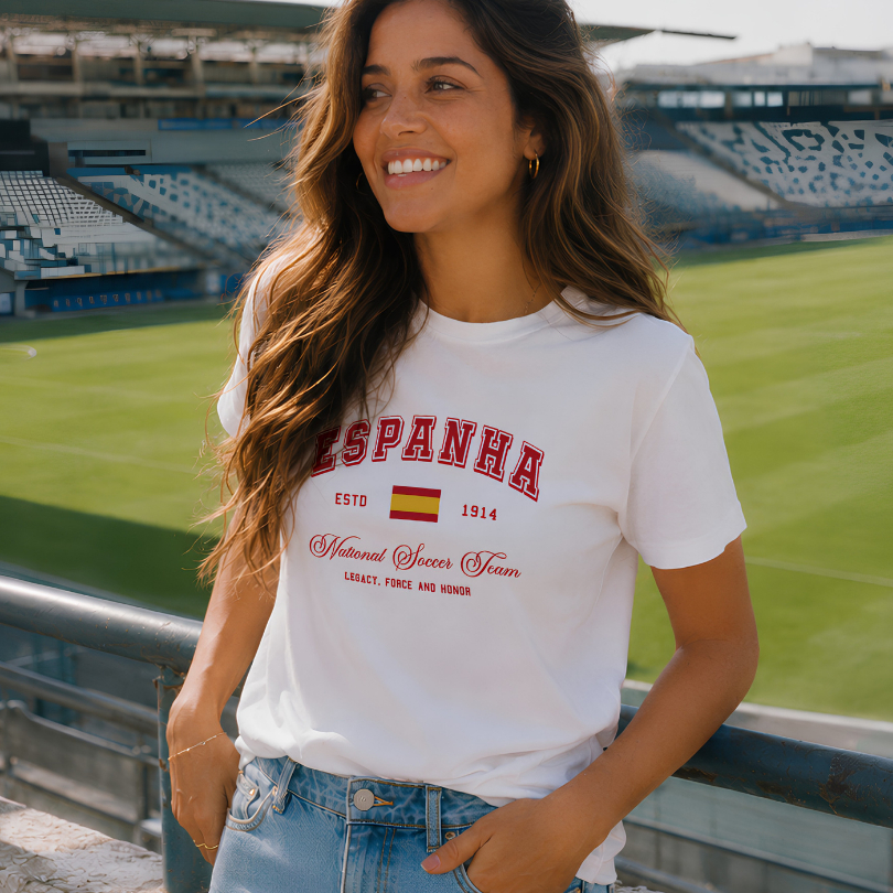 Blusa Camisa Básica Estampada Feminina 100% Algodão Casual Academia Espanha Copa Torcedora Futebol