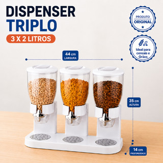 Dispenser de Cereais 2L / Dispenser Triplo Organizador Grãos Granola Restaurante Bufet Sorveteria