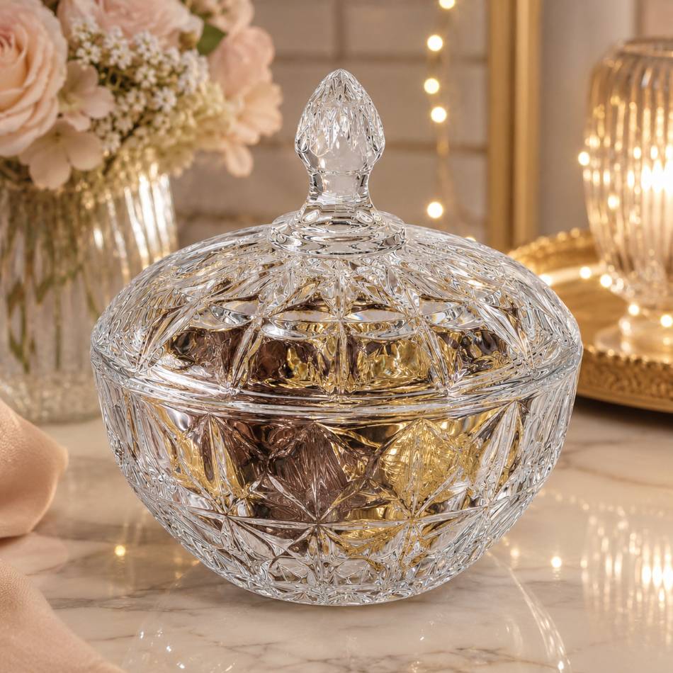 BOMBONIERE DE VIDRO COM TAMPA 19,5 CM DECORATIVO PARA DOCES BALAS BOMBOM BISCOITO BALEIRO SEM PÉ