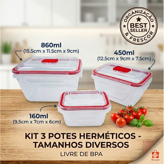 Kit 3 Potes Herméticos com Trava Para Mantimentos Marmita Fit Freezer Micro-ondas