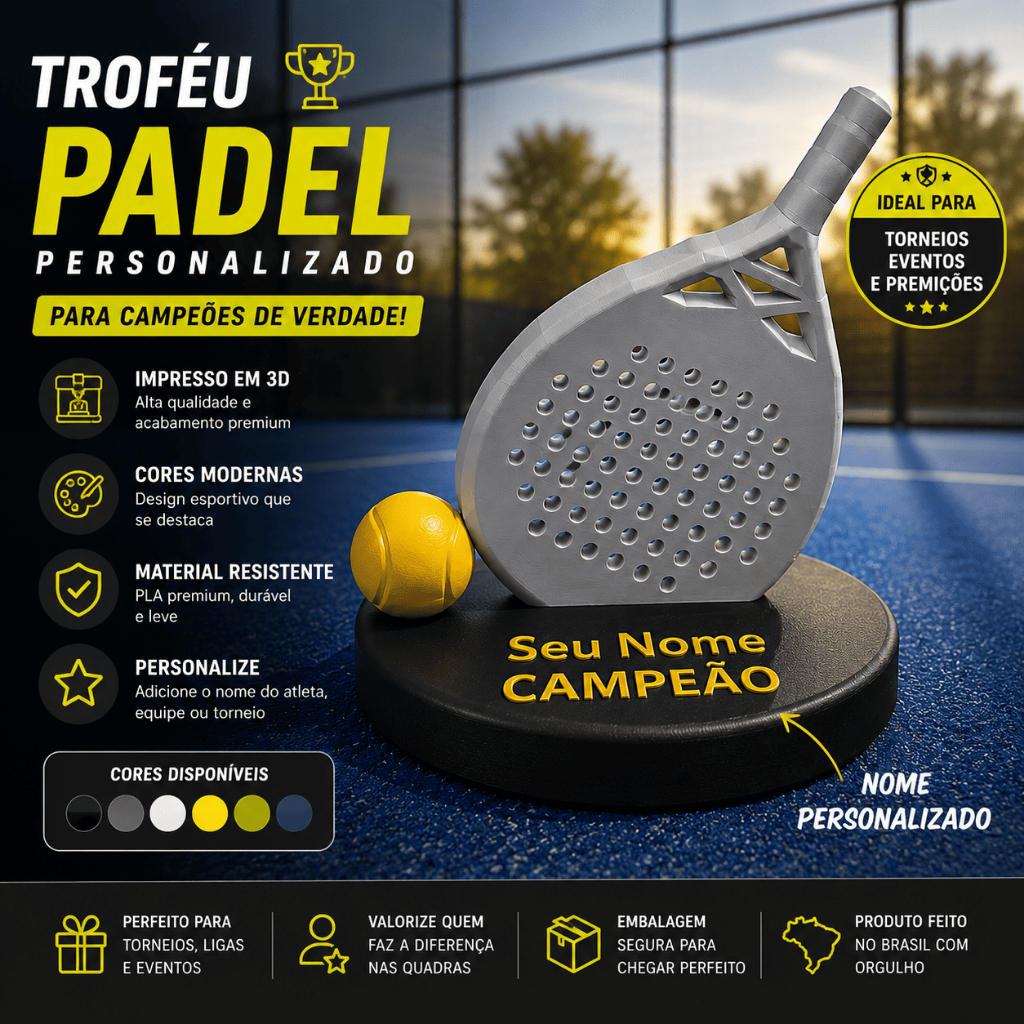 Troféu Padel Personalizado Impresso em 3D Campeonatos e Torneios