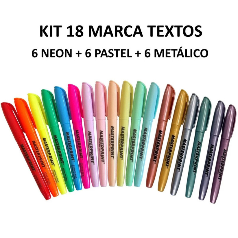 18 Canetas  Marca Texto 6 Metálico + 6 Neon + 6 Pastel Masterprint - ÓTIMA QUALIDADE!