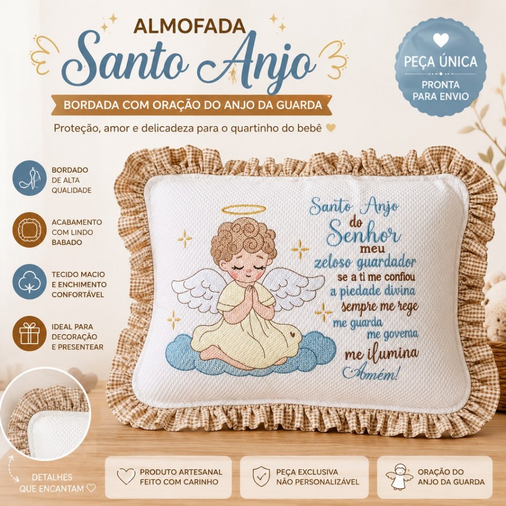 Almofada Santo Anjo Bordada Infantil com Oração do Anjo da Guarda | Peça Única