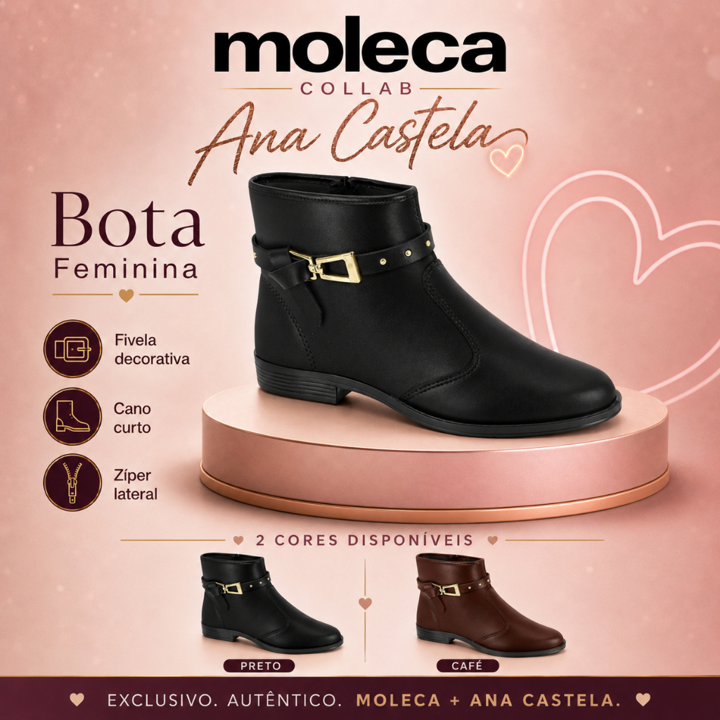 Bota Moleca Feminina Cano Curto Fivela Dourada Zíper Lateral | Lançamento Original !
