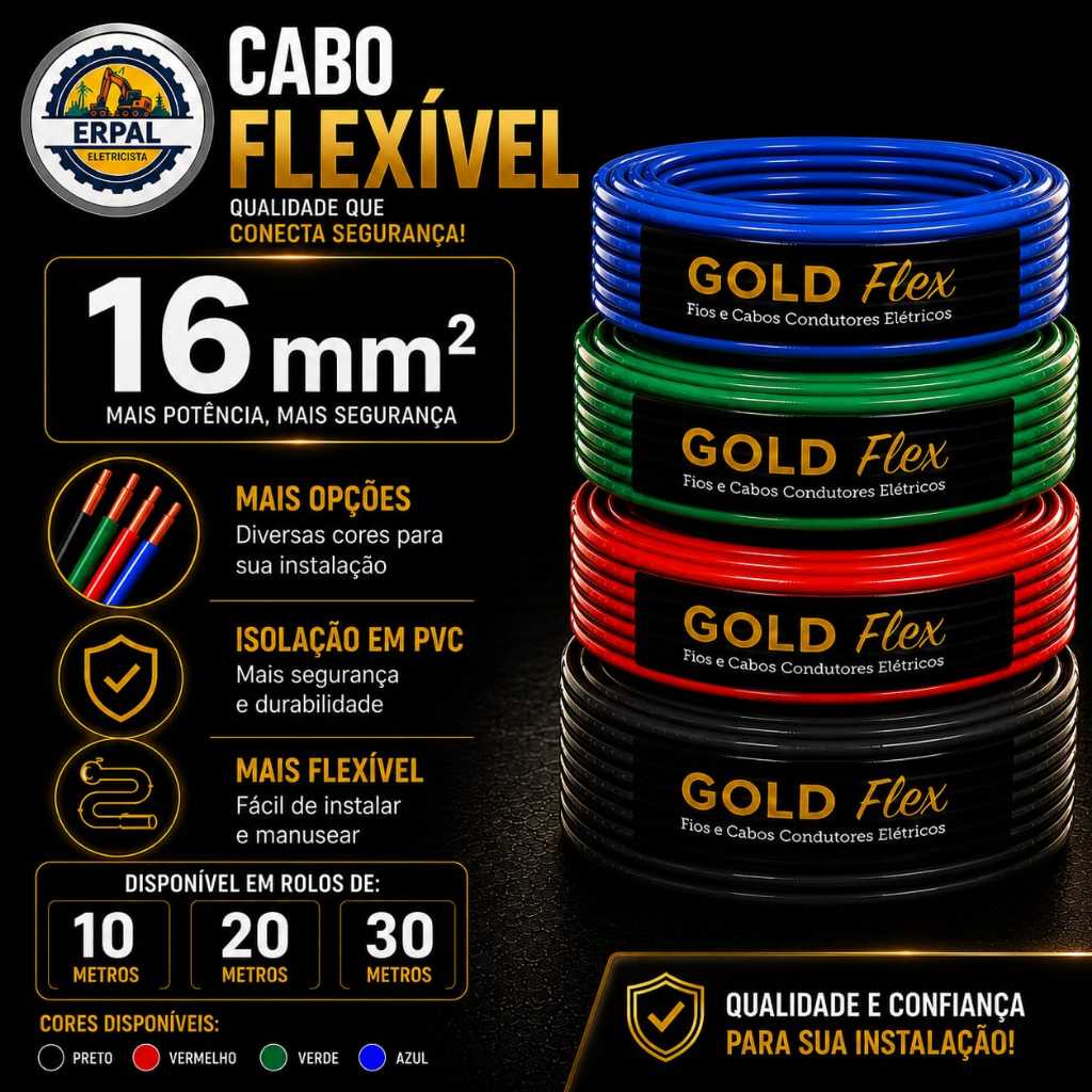 Cabo 16mm flexivel Fio 16mm Metros 10 - 20 - 30 metros Goldflex 450V Premium