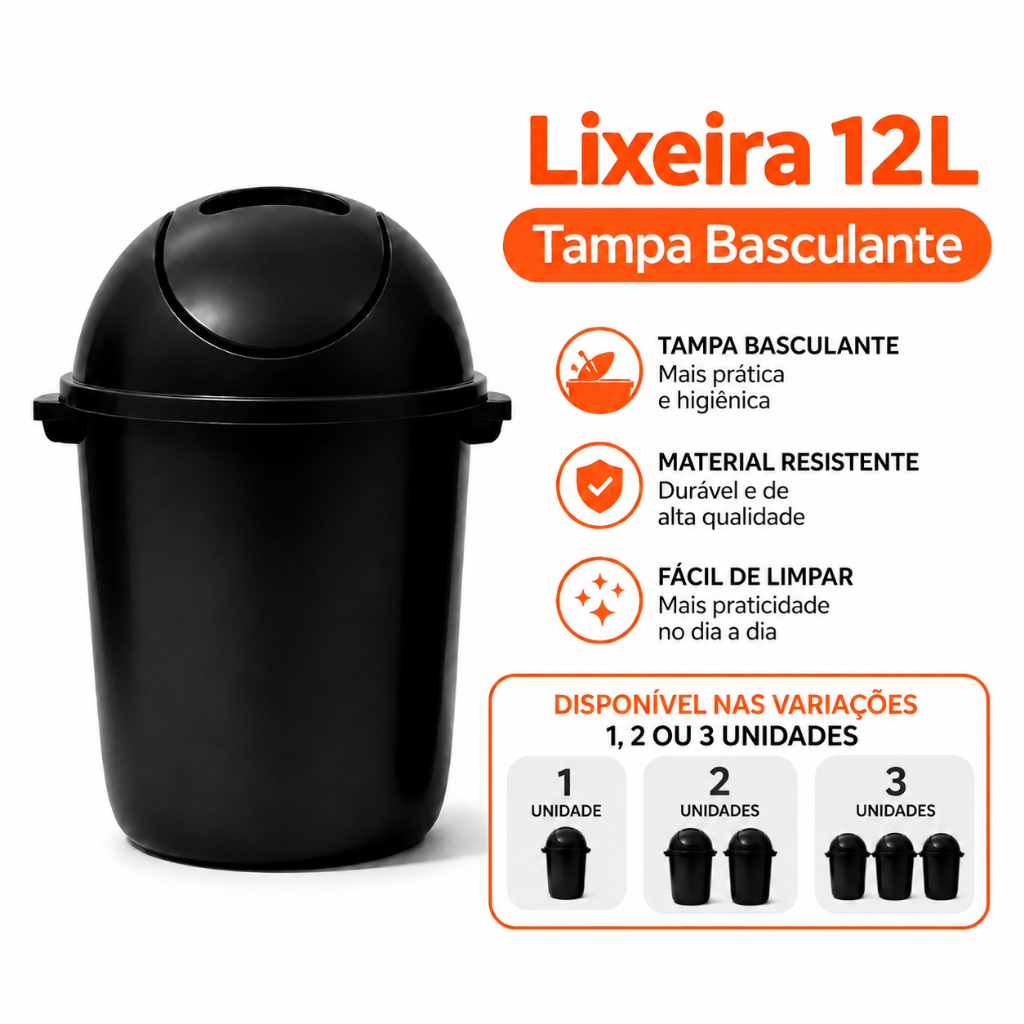 Lixeira 12L com Tampa Basculante Preta Banheiro Cozinha Escritório Resistente