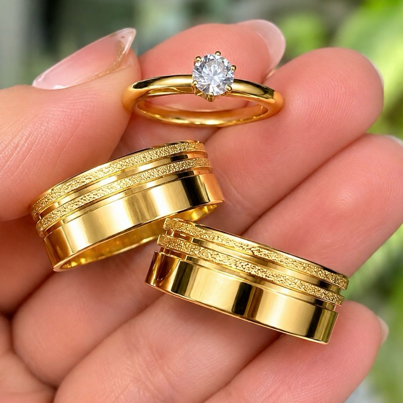 Aliança faixa em cima dupla jateada Anel 100% em Moeda Antiga 4MM Casamento Noivado Cor de Ouro 18k