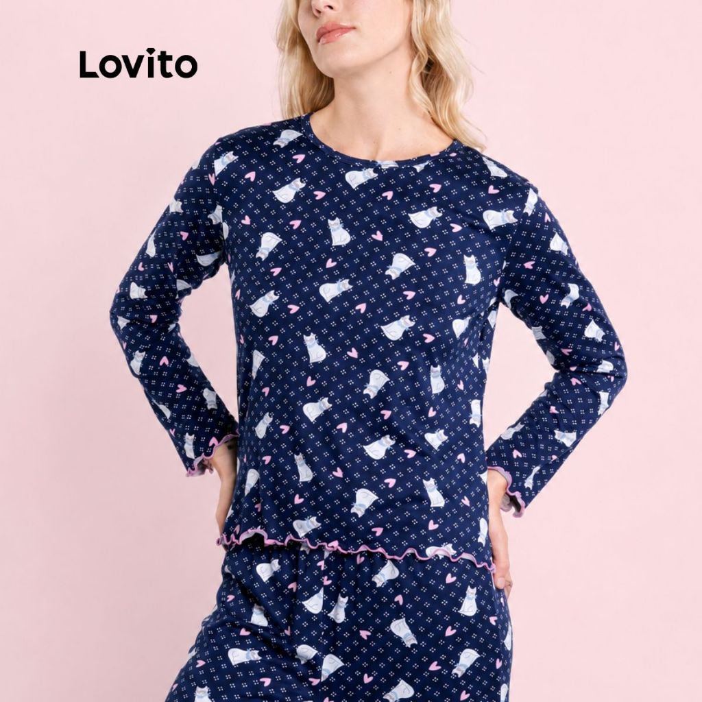 Lovito Conjunto de Pijama Feminino Longo Estampa Gatinhos PJB16011631
