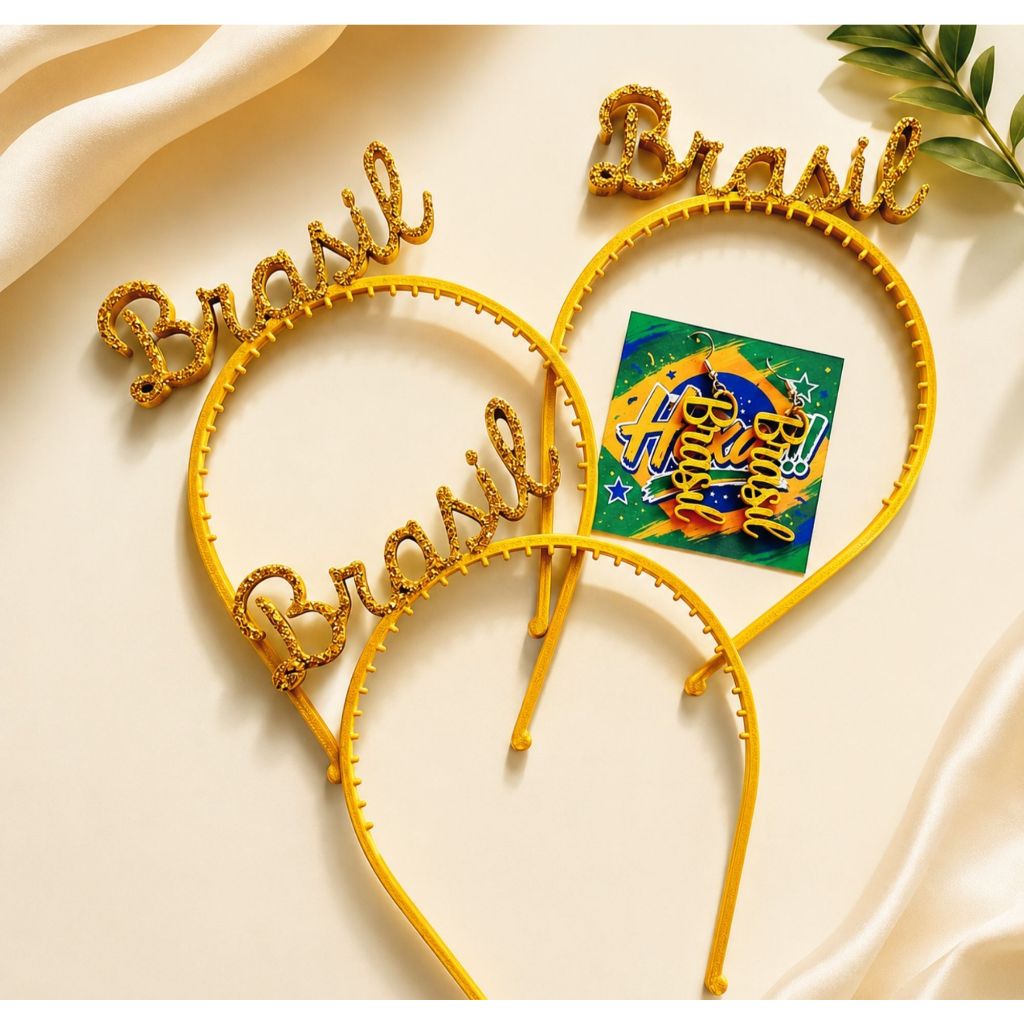 Kit 3 Tiaras Brasil Com Glitter + Brinde Brinco Brasil Copa Do Mundo Torcida Seleção Brasileira