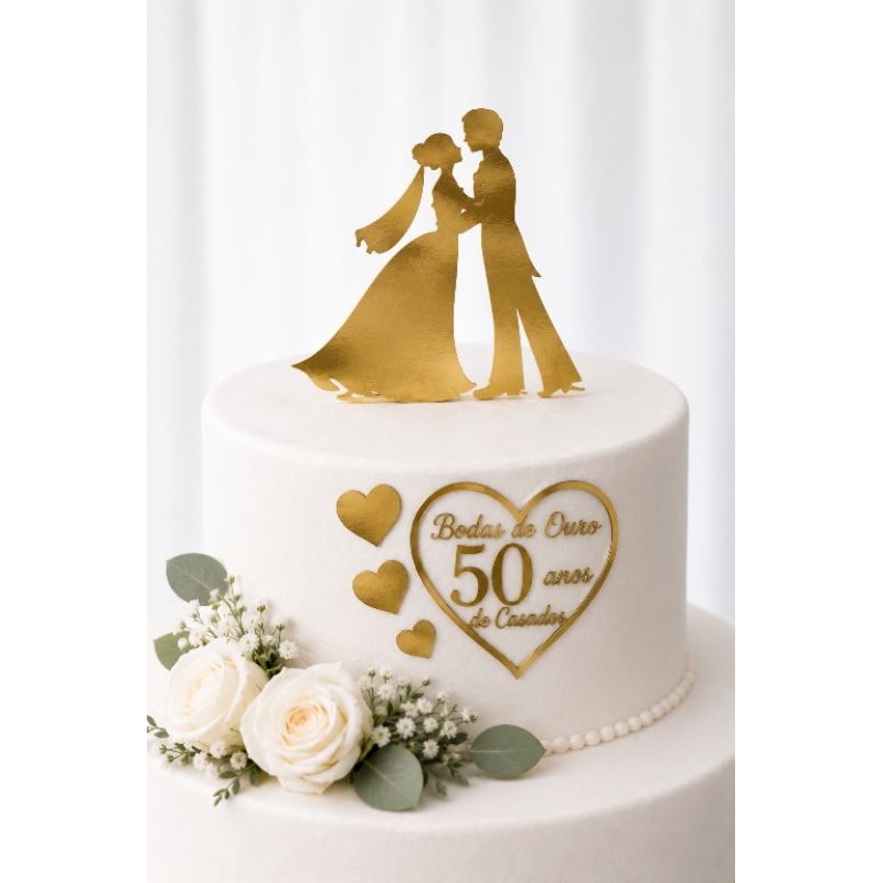 Topo de Bolo Bodas de Ouro 50 Anos de Casados Lamicote Dourado 250g