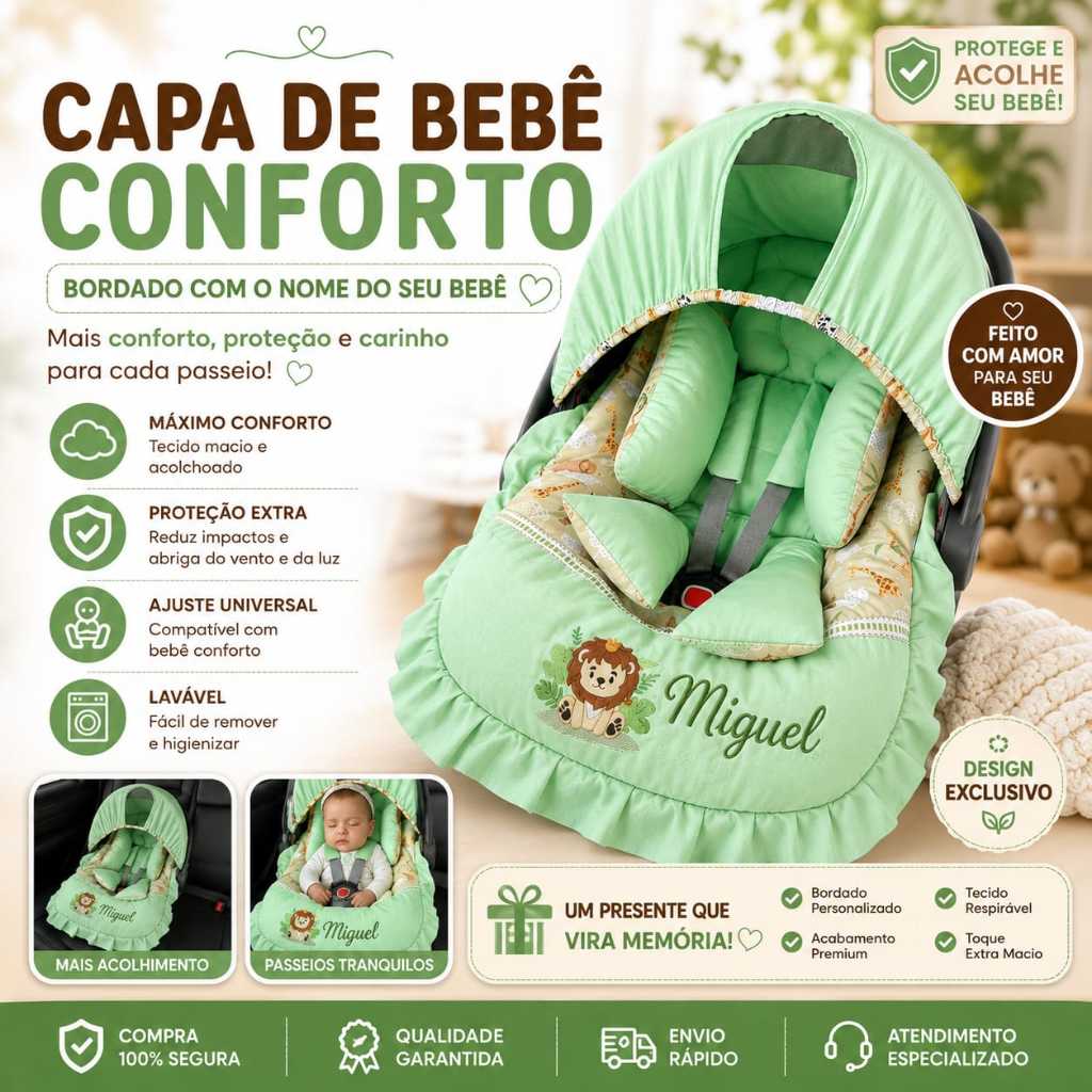 Capa Bebê Conforto Personalizada Luxo + Redutor + Capota + Protetor de Cinto | Enxoval Bebê