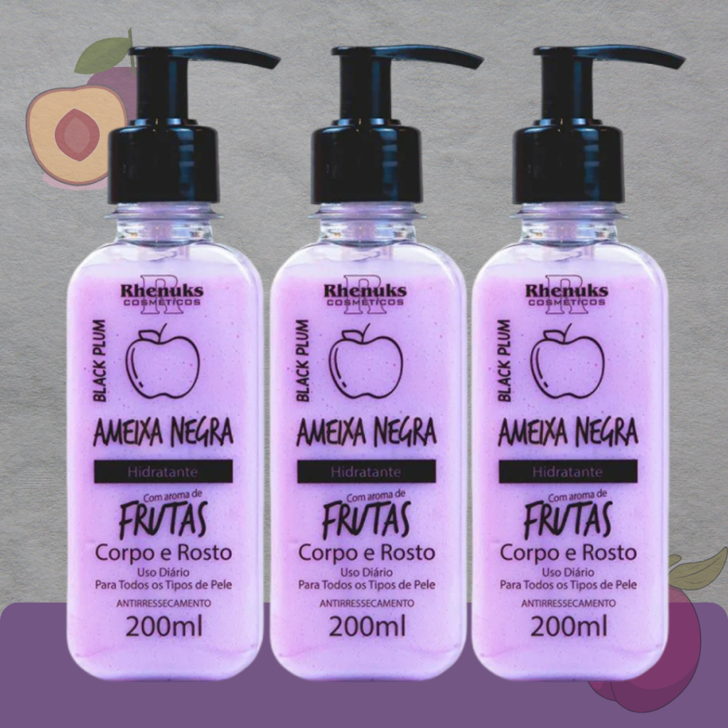 Kit 3 Unidades Creme Hidratante Ameixa Negra Corpo e Rosto para Uso Diário 200ml - Rhenuks