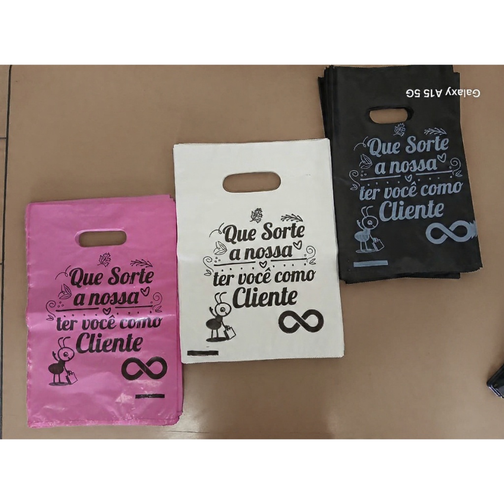 200 SACOLAS PLÁSTICAS  BOCA DE PALHAÇO / FRASE QUE SORTE A NOSSA TER VOCÊ COMO CLIENTE LOJA COMÉRCIO