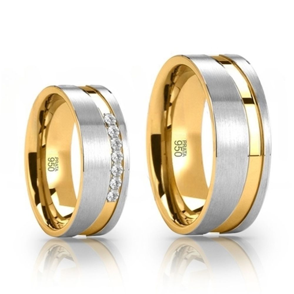 Par Alianças Prata 950 Retas Acetinadas 1 Friso e Interior Folheados a Ouro 18k 8mm 7 Pedras